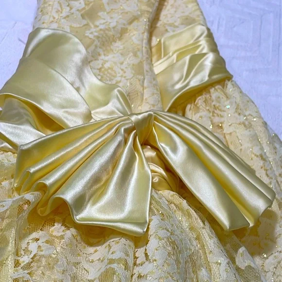 80’s ZUM ZUM Vtg Yellow Lace Frilly Satin Sequins Sash Prom Gown Wedding Dress - Picture 9 of 17